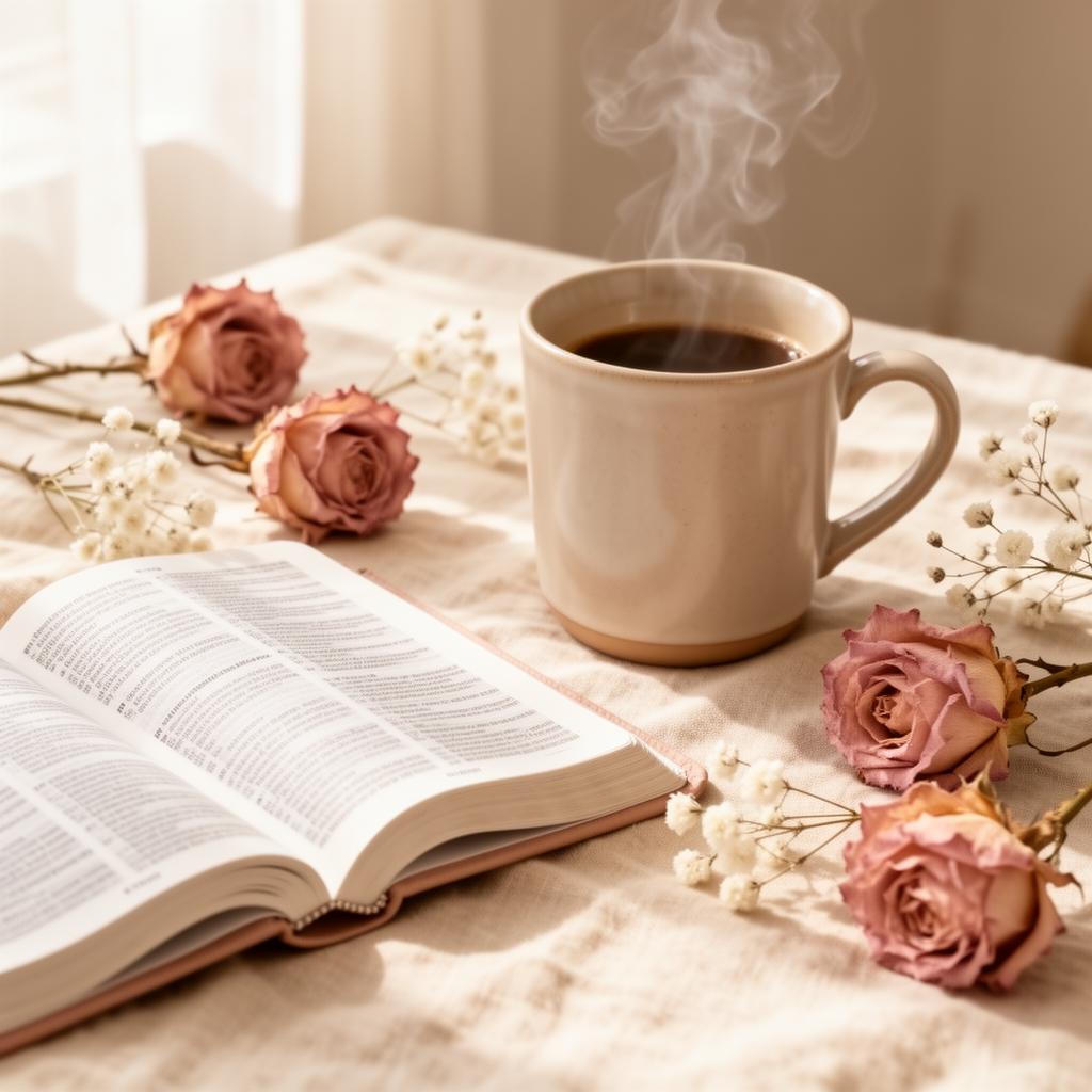 Bíblia aberta com xícara de café e flores delicadas
